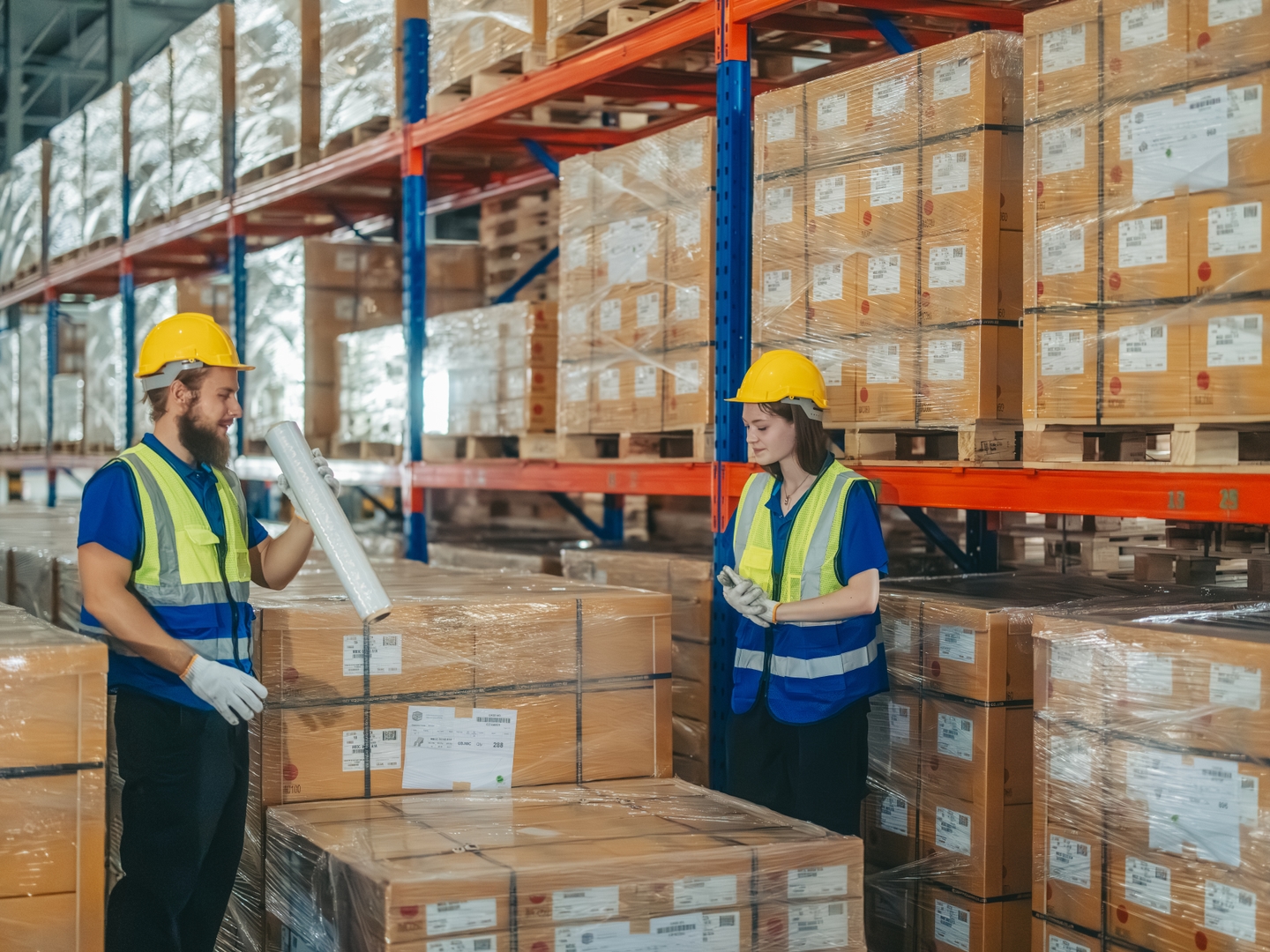 Warehouse workers organize goods by size, shape, category. Handle customer orders by collecting items from storage, wrapping, sealing, packing, labeling them for shipment. Preparing delivery date.
